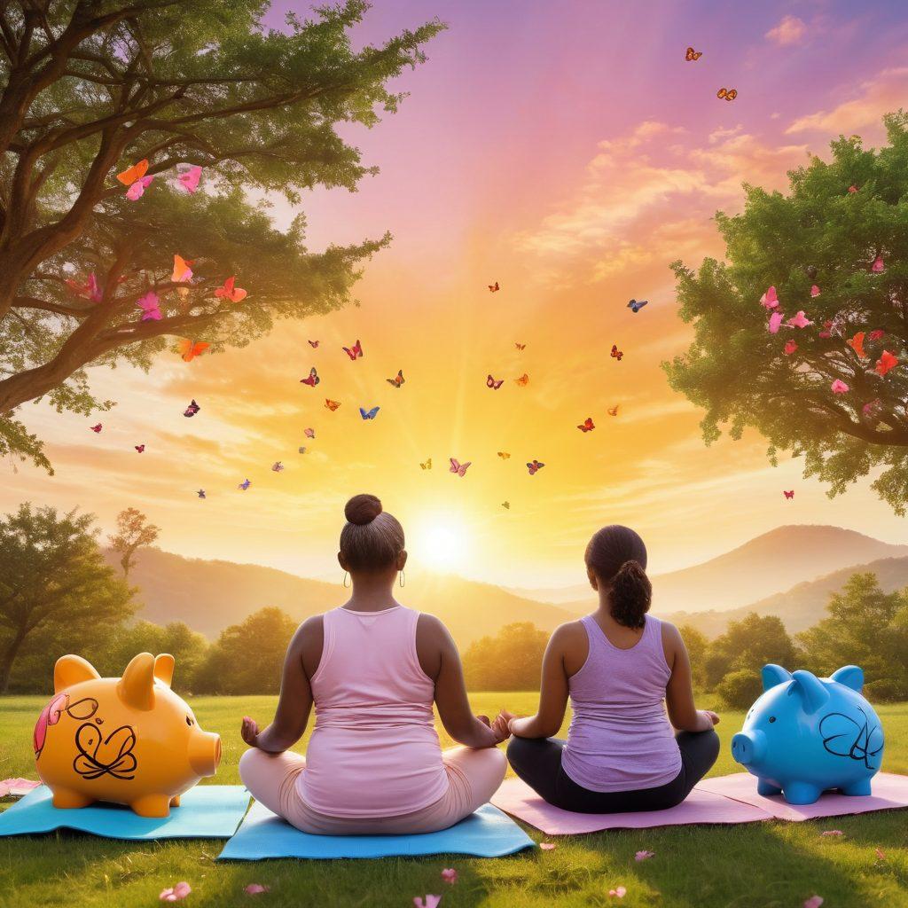 A serene landscape showcasing a diverse group of cancer survivors, each holding symbols of financial freedom such as piggy banks and checks, while participating in holistic care activities like yoga and meditation. The background features a bright sunrise symbolizing hope, with trees symbolizing growth, and a soft breeze carrying colorful butterflies representing transformation. The scene is vibrant and uplifting, inviting connection and empowerment. super-realistic. vibrant colors.