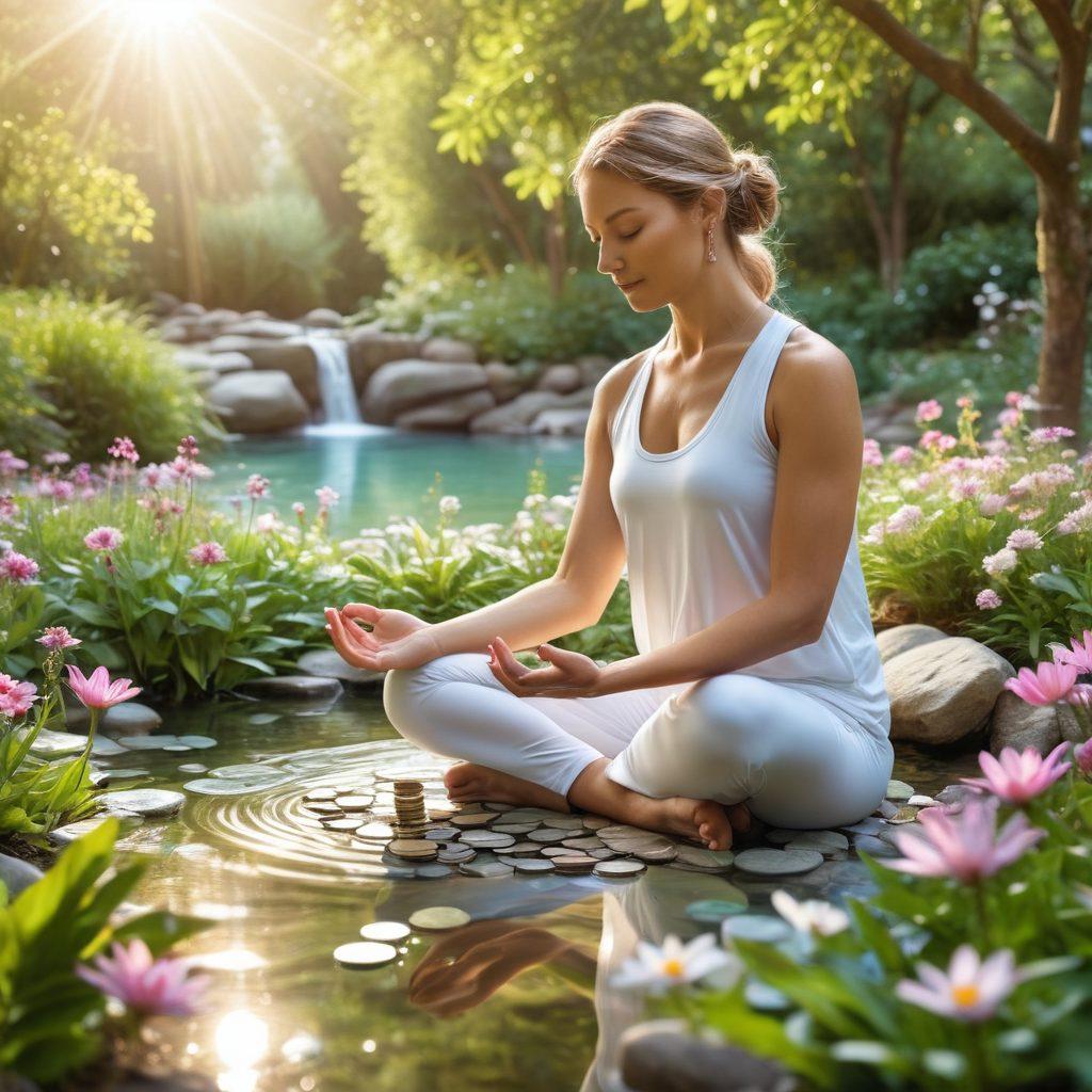 A serene and uplifting scene depicting a person practicing yoga in a tranquil garden, surrounded by blooming flowers and gentle sunlight. In one hand, they hold a crystal symbolizing healing, while the other hand holds a stack of coins representing financial wisdom. Soft flowing water nearby enhances the calm atmosphere. Elements of nature and financial symbols intertwine, reflecting holistic recovery. vibrant colors. super-realistic. peaceful setting.