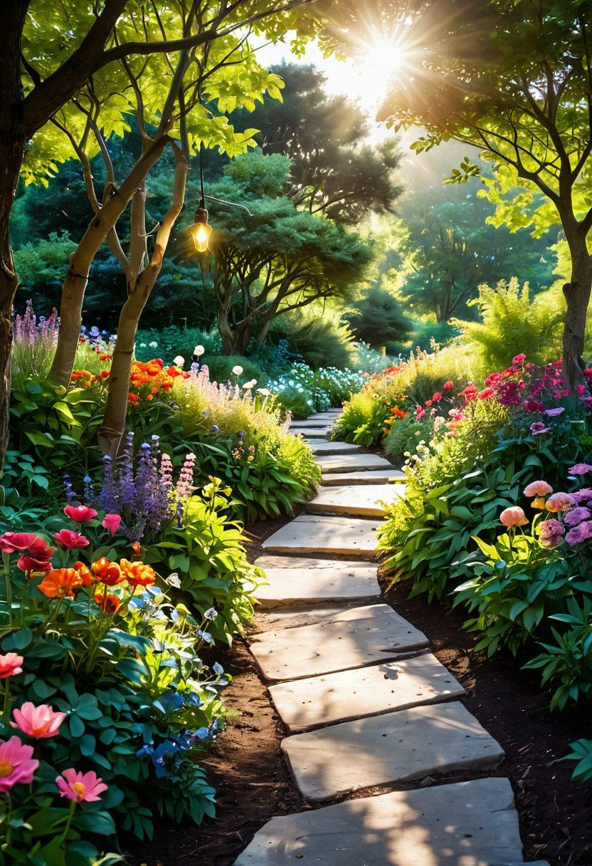 A serene landscape featuring a winding path leading through a lush, vibrant garden filled with colorful flowers and sunlight filtering through the trees. Overlayed are symbols representing hope and empowerment, like a strong, open hand and a light bulb, suggesting awareness and growth. In the background, a silhouette of a person standing confidently at the path's end, representing resilience on the cancer journey. calming colors. super-realistic. soft-focus.